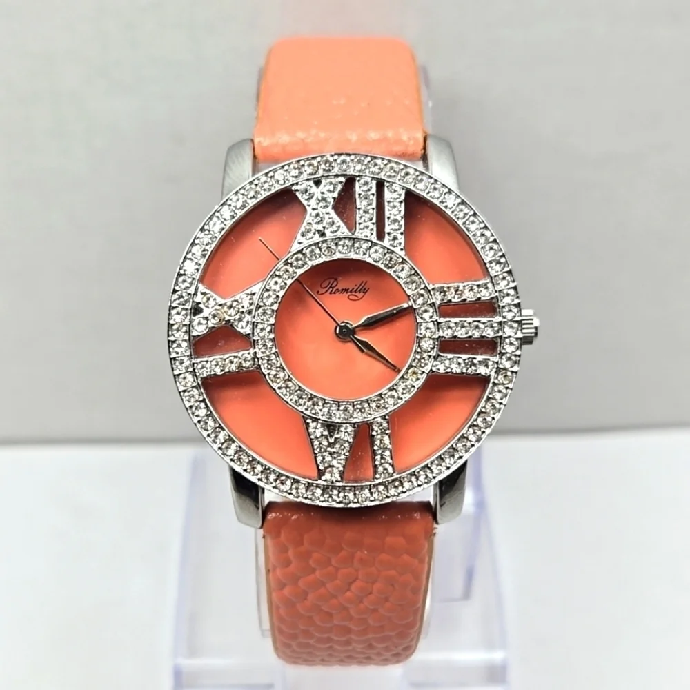 Womens Romilly Silver Tone Pink Crystals Rhinestones Watch New Battery 14015
